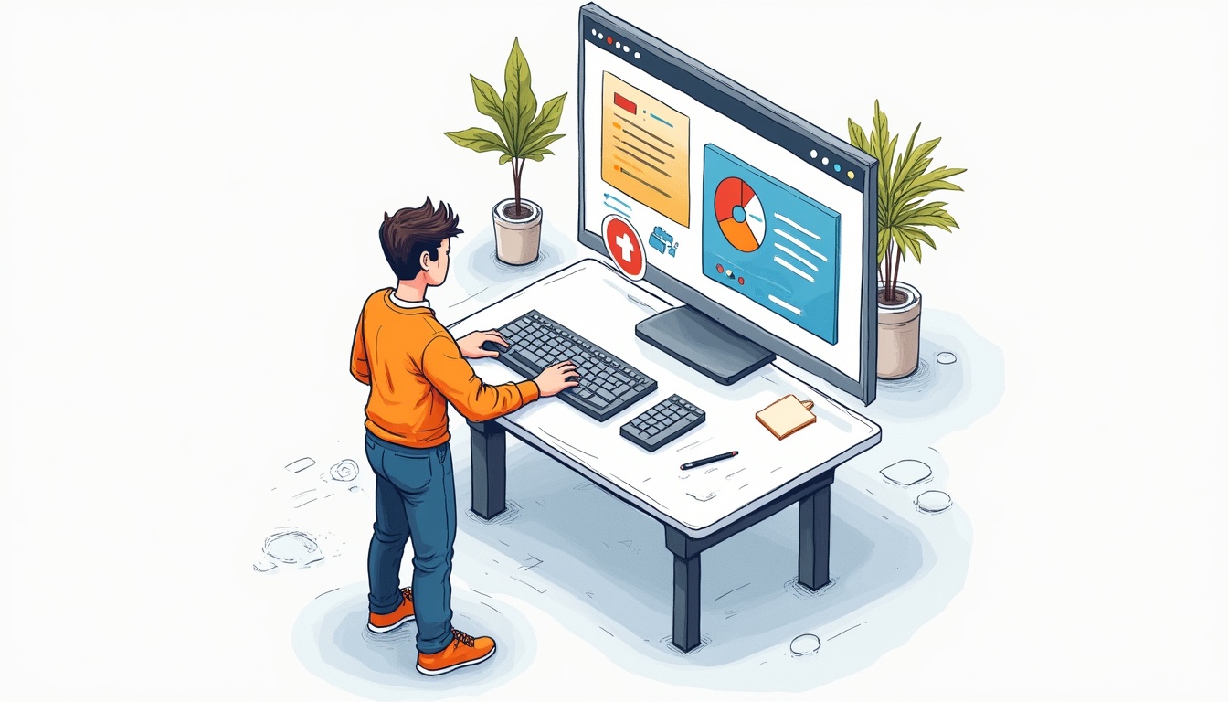 Ilustrație digitală reprezentând procesul de creare website de prezentare în 2026, cu elemente de AI și design responsiv.