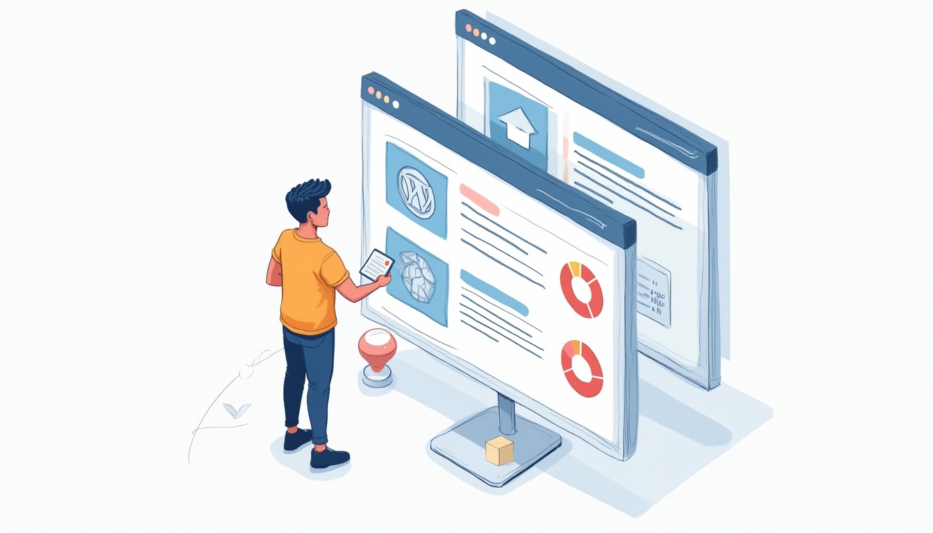 Două persoane discutând despre alegerea serviciilor de creare website WordPress pe un laptop.